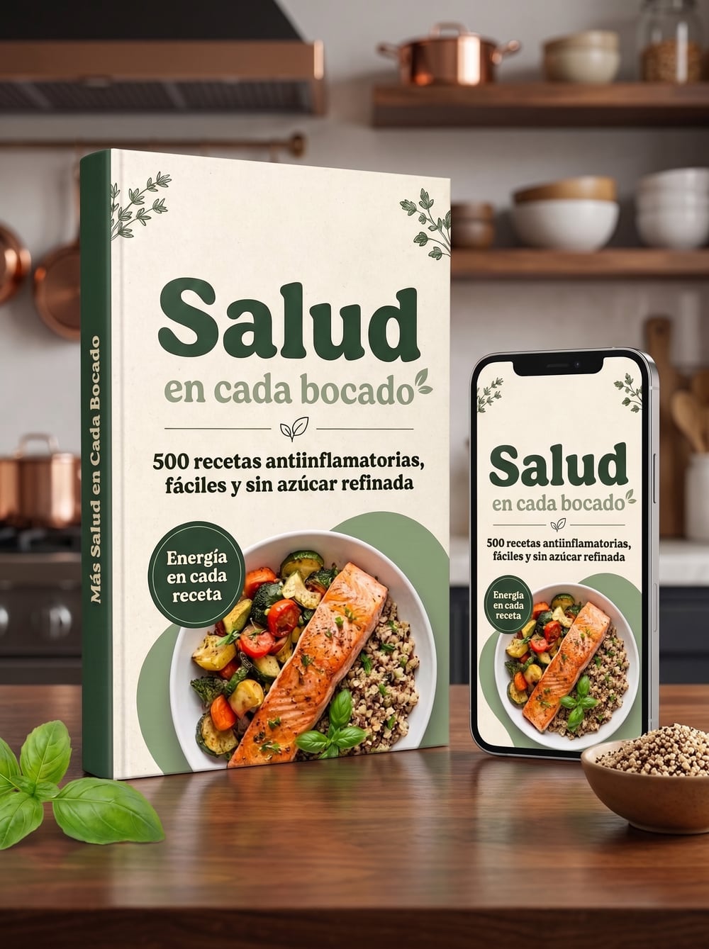Recetario Salud en Cada Bocado, tapa dura y en el celular